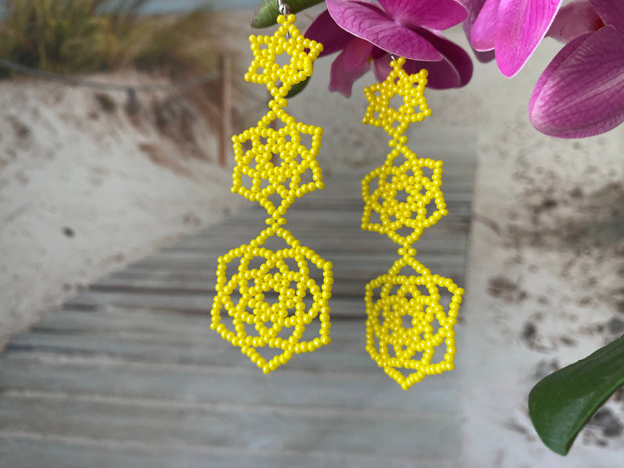 Bold Yellow Beaded Statement Earrings – Triple Flower Design