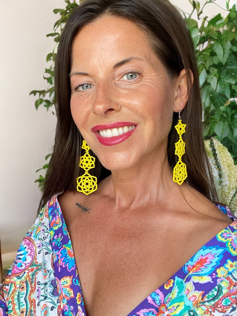 Bold Yellow Beaded Statement Earrings – Triple Flower Design