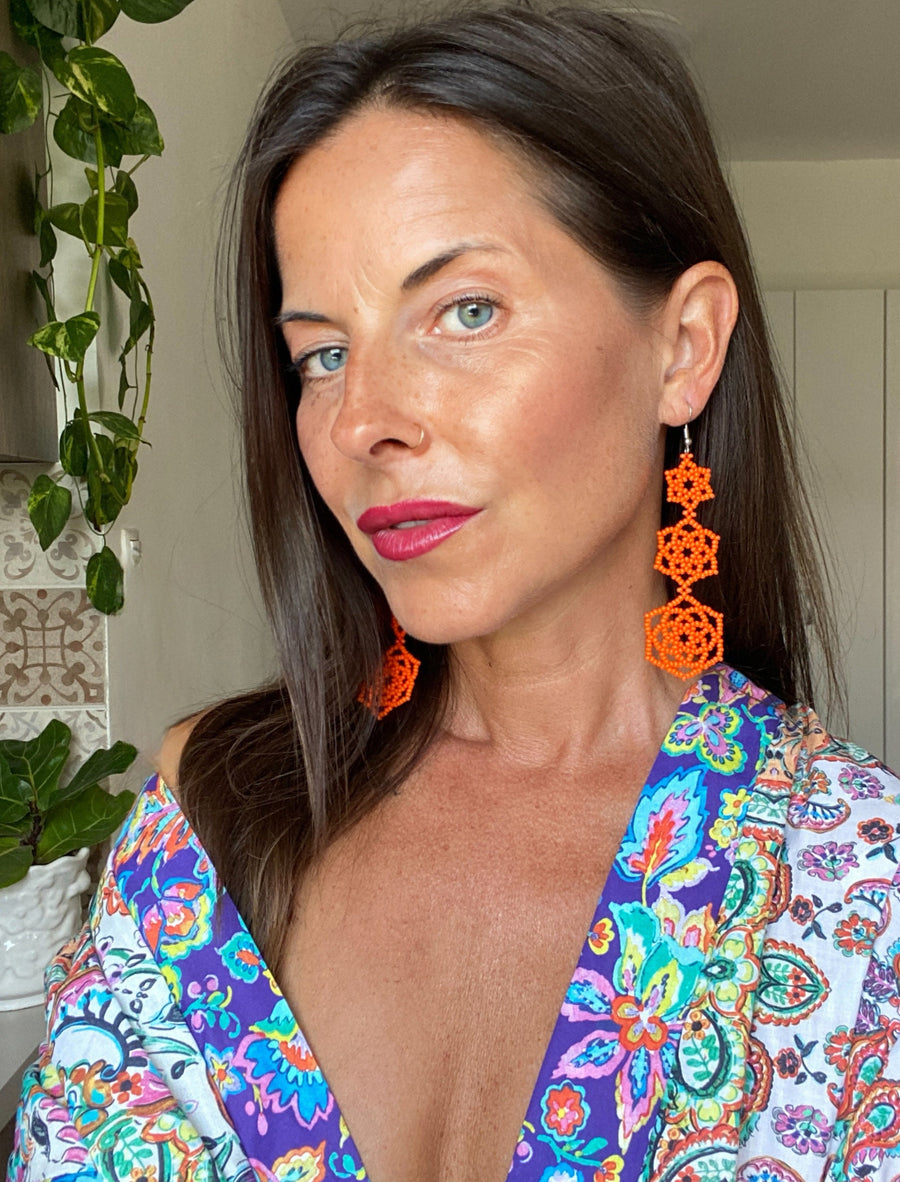 Bold Orange Beaded Statement Earrings – Triple Flower Design