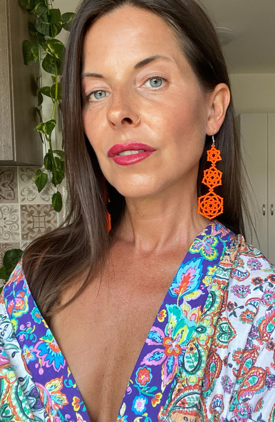 Bold Orange Beaded Statement Earrings – Triple Flower Design