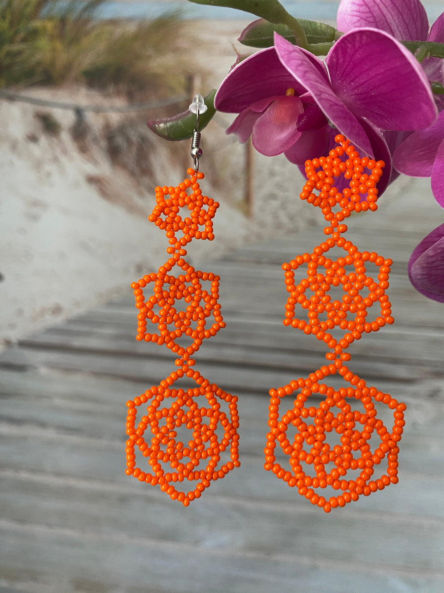 Bold Orange Beaded Statement Earrings – Triple Flower Design