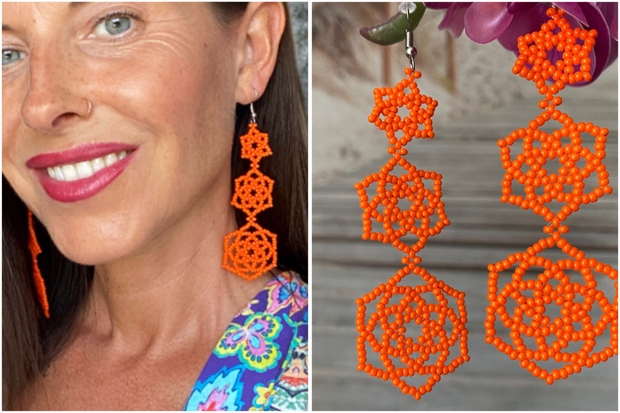 Bold Orange Beaded Statement Earrings – Triple Flower Design