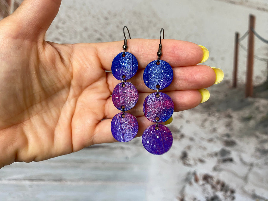 Night, Milky Way Themed Earrings – Upcycled Bicycle Inner Tubes Jewelry - Eco-Friendly and Sustainable Gift, Blue Purple Delicate Earrings