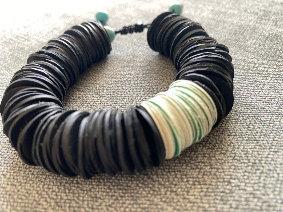 Upcycled bicycle inner tube and paper African tribal bracelet