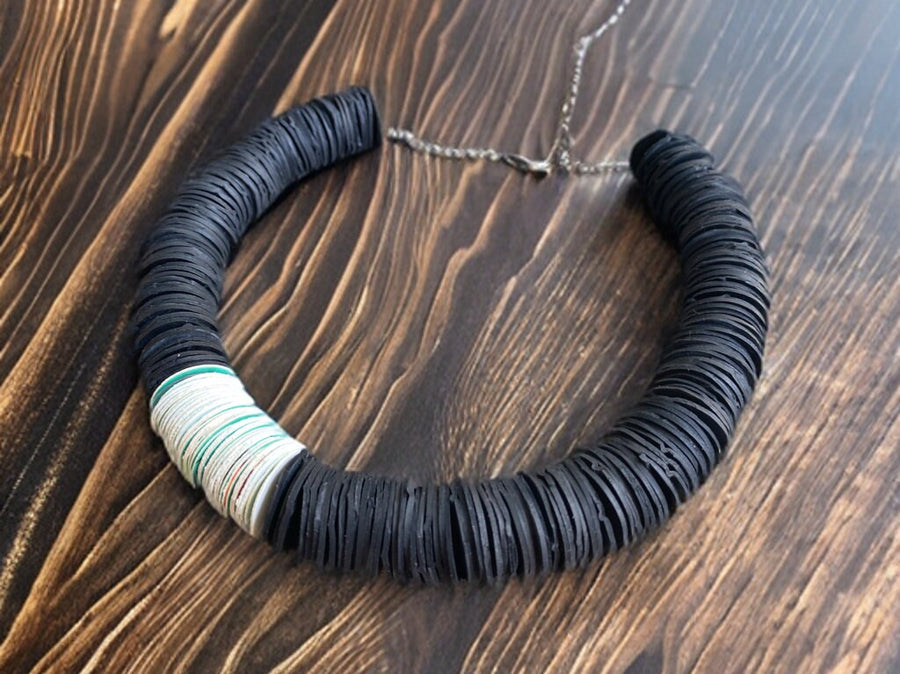 Upcycled bicycle inner tube and paper African tribal necklace