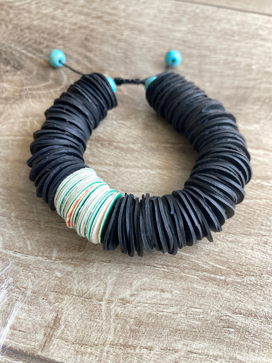 black white African tribal necklace made from upcycled bicycle inner tubes, tyre rubber and paper circle