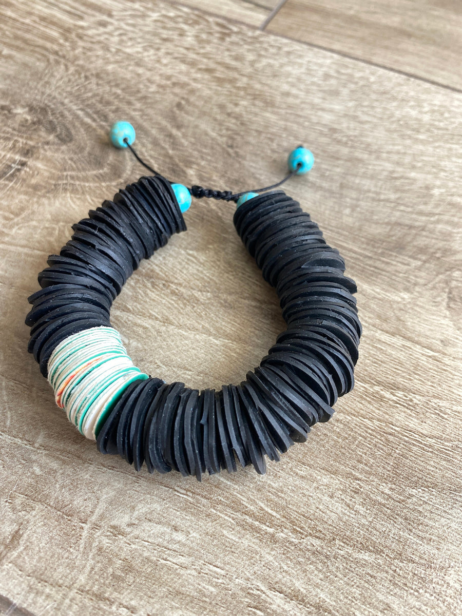 black white African tribal necklace made from upcycled bicycle inner tubes, tyre rubber and paper circle