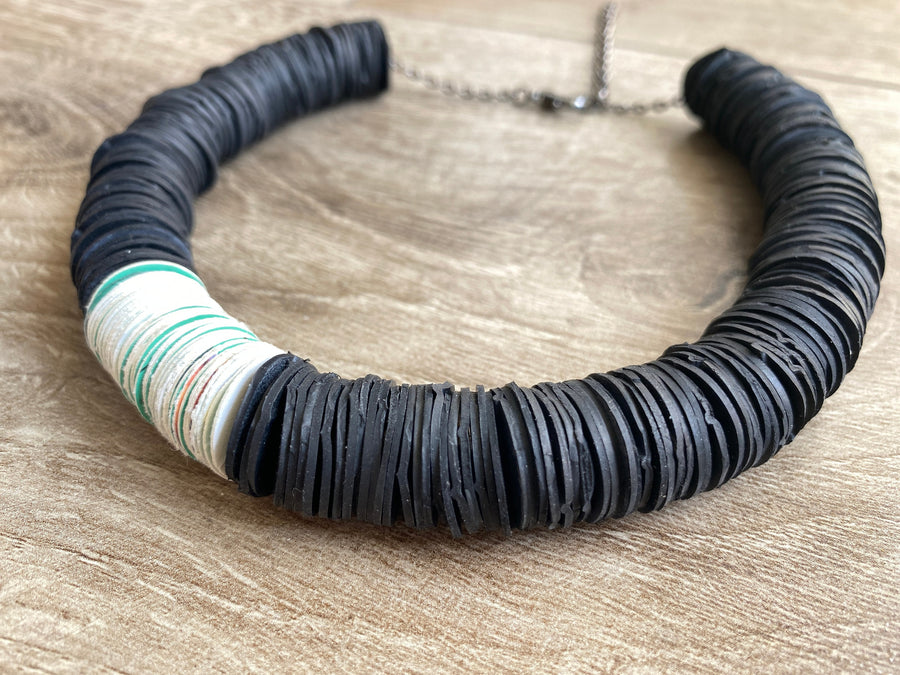 black white African tribal necklace made from upcycled bicycle inner tubes, tyre rubber and paper circles