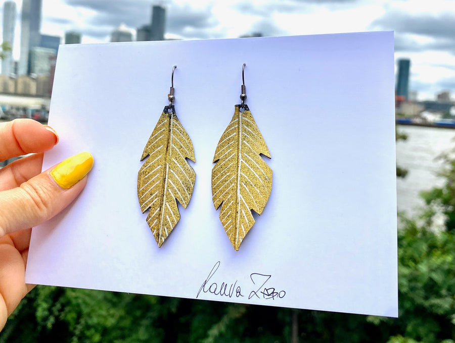 Upcycled Gold Leaf Earrings, Statement Earrings, Recycled Bicycle Inner tube earrings by lauea zabo, handmade in london