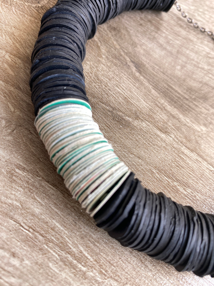 black white African tribal necklace made from upcycled bicycle inner tubes, tyre rubber and paper circles