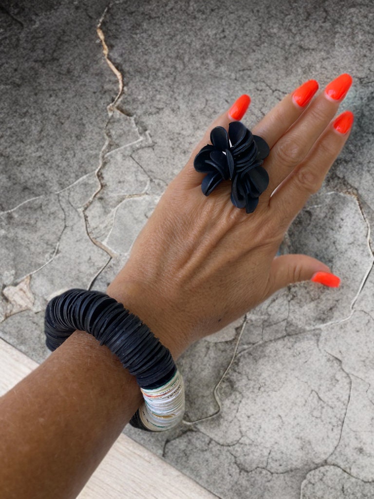 black upcycled rubber, bicycle tube flower shaped statement ring