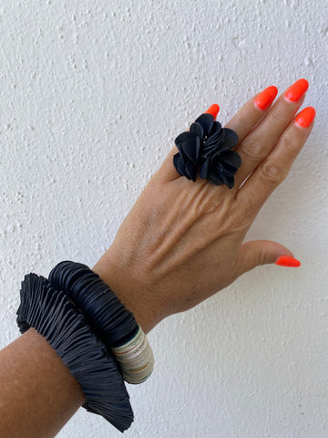 black upcycled rubber, bicycle tube flower shaped statement ring