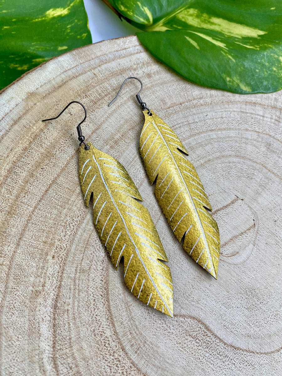 Upcycled Gold Leaf Earrings, Statement Earrings, Recycled Bicycle Inner tube earrings by lauea zabo, handmade in london