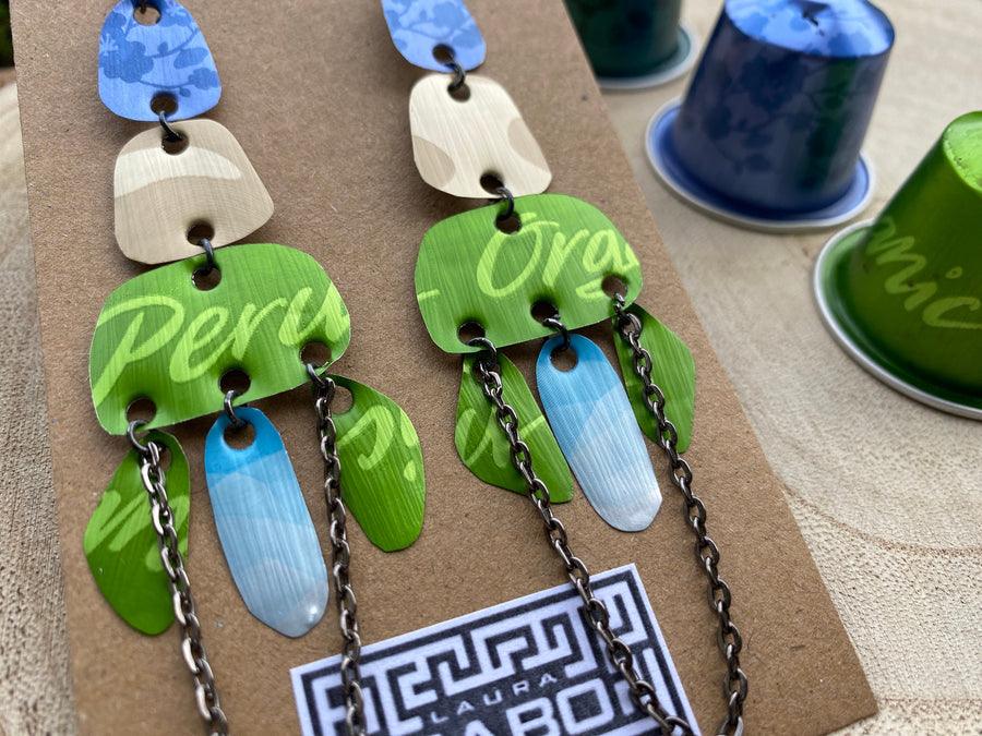 long, oriental, blue, sand, green earrings made from upcycled nespresso capsules on a wooden background with fw nespresso capsules