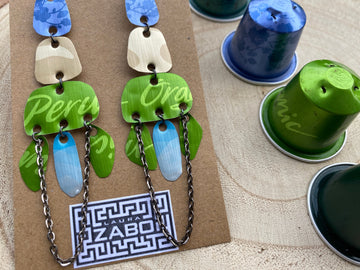 long, oriental, blue, sand, green earrings made from upcycled nespresso capsules on a wooden background with fw nespresso capsules