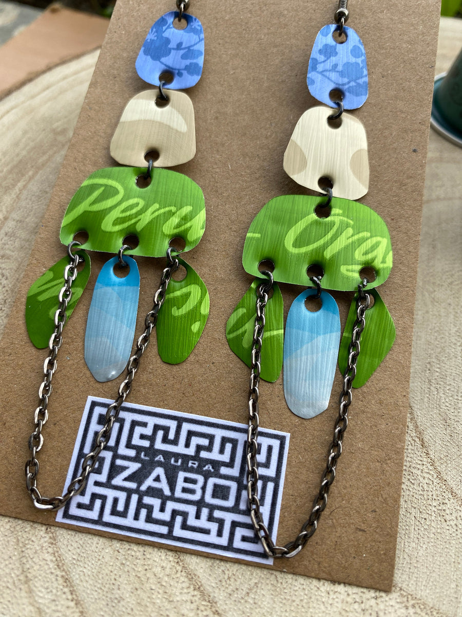 long, oriental, blue, sand, green earrings made from upcycled nespresso capsules on a wooden background with fw nespresso capsules