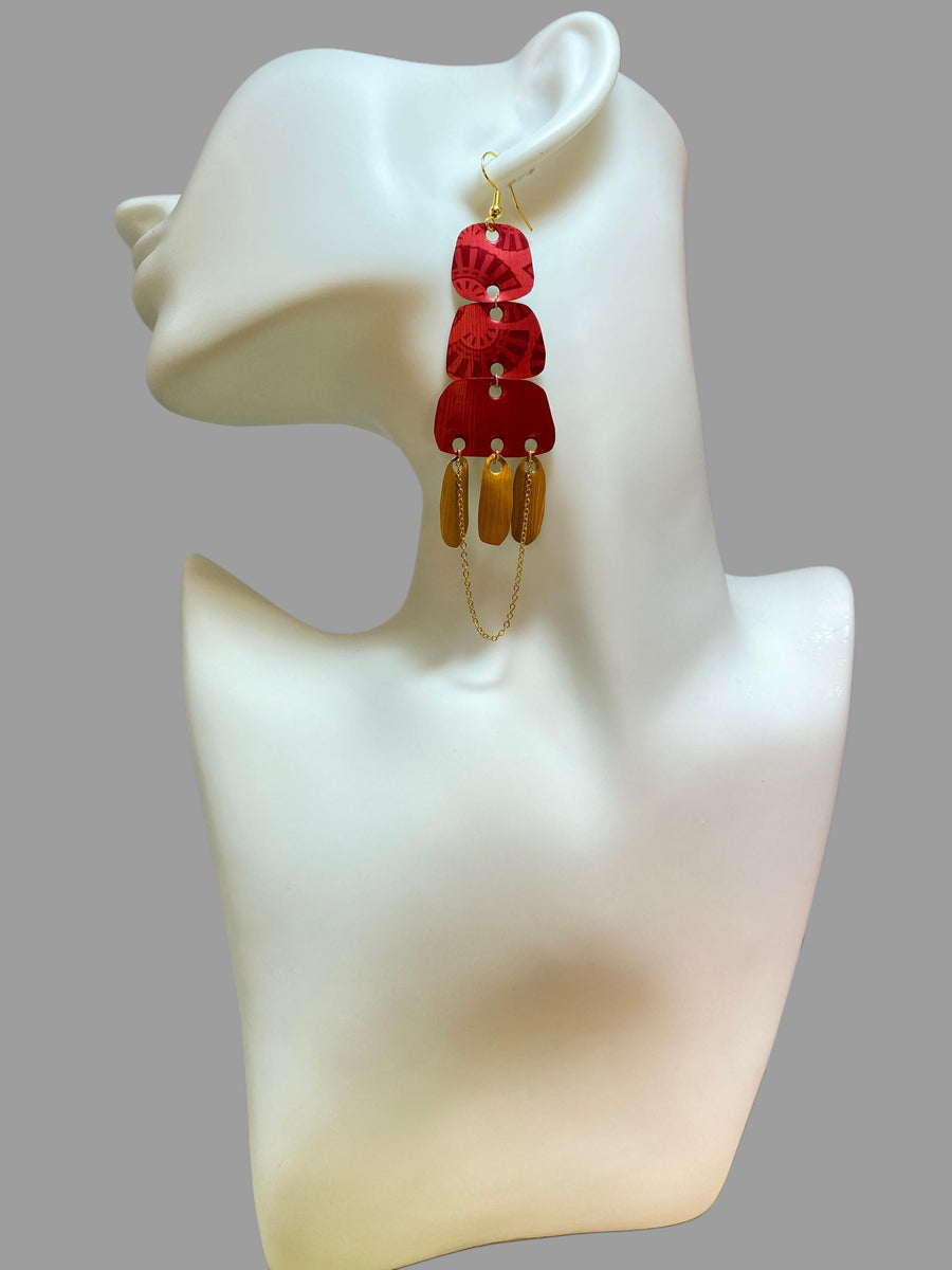 Gold & Red Boho Statement Earrings | Upcycled Nespresso Capsules Jewelry | Handcrafted Eco-Friendly, Sustainable Gift