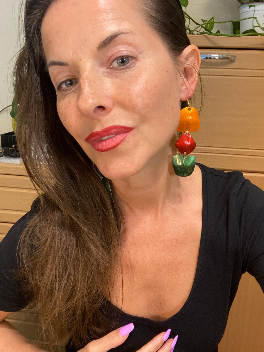 Shiny, Orange, Red, Green Boho Statement Earrings | Upcycled Nespresso Capsules Jewelry | Handcrafted Eco-Friendly, Sustainable Gift