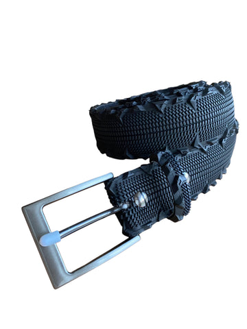 black, upcycled bicycle tyre belt on a white background