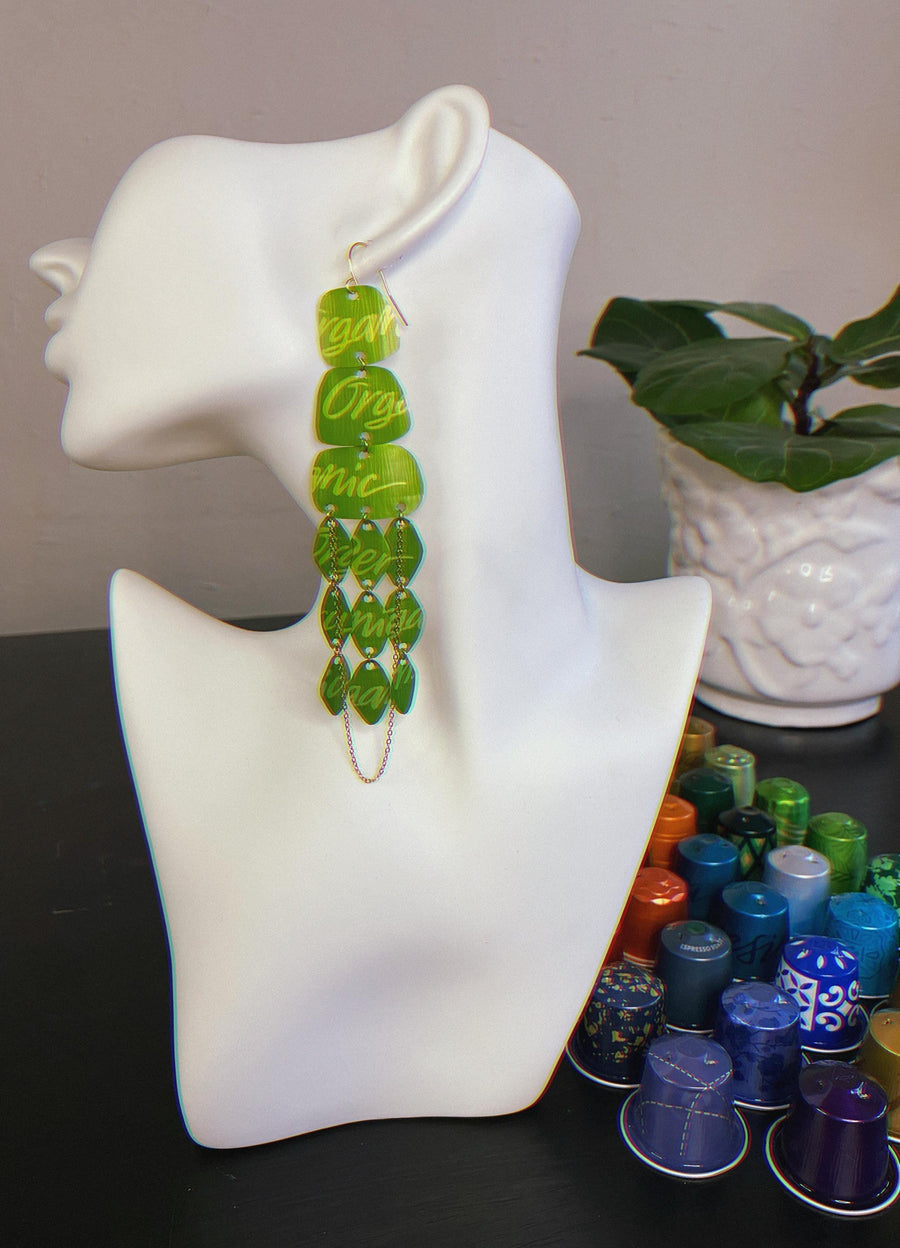 Long, Bright Green Chandelier Earrings, Made from Upcycled Nespresso Capsules | Bohemian Jewelry | Eco-Friendly Gift