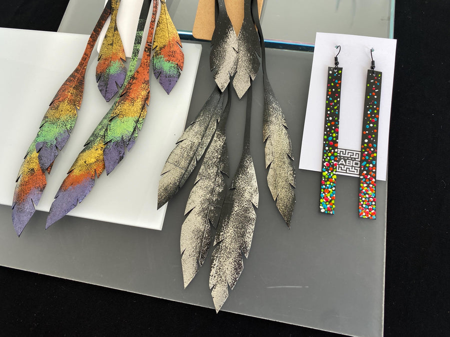 3 pairs of colourful and black-silver upcycled bicycle inner tube rubber earrings, sustainable jewellery by laura zabo