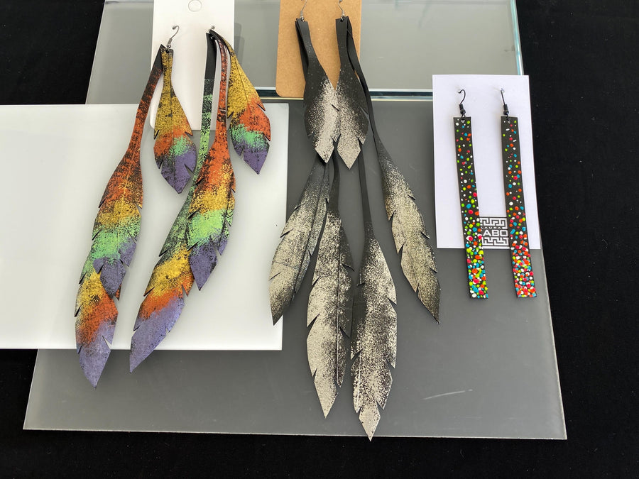 3 pairs of colourful and black-silver upcycled bicycle inner tube rubber earrings, sustainable jewellery by laura zabo