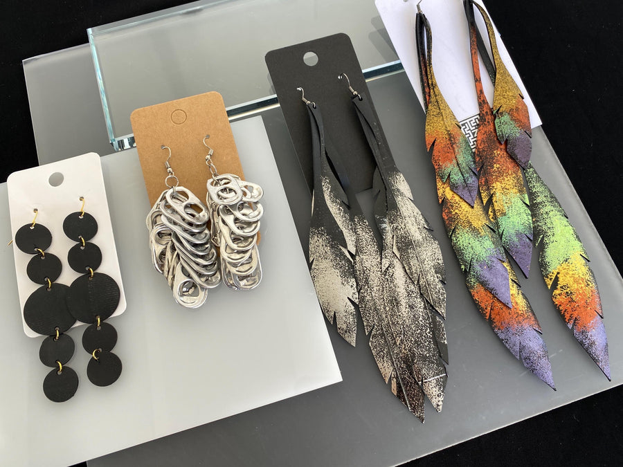 LAST PIECES – 4 Pairs Long Upcycled Statement Earrings | Bicycle Inner Tube | Pull Rings | Reduced Price | Quirky and Vegan Jewelry