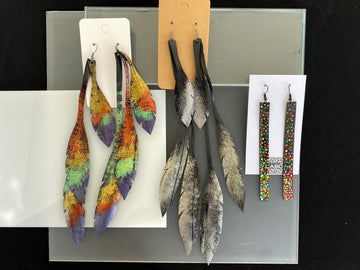 3 pairs of colourful and black-silver upcycled bicycle inner tube rubber earrings, sustainable jewellery by laura zabo