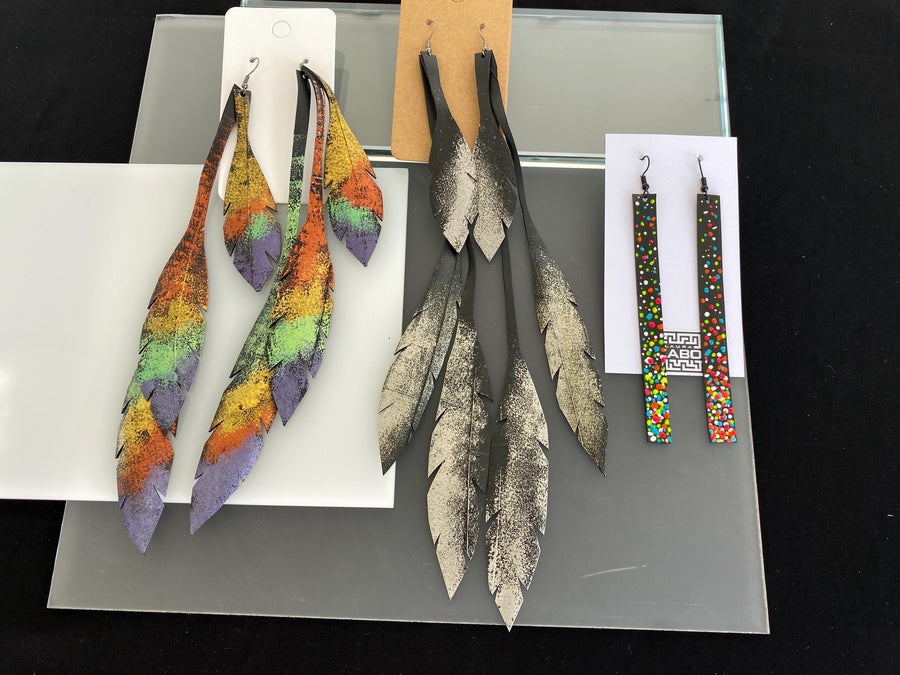 3 pairs of colourful and black-silver upcycled bicycle inner tube rubber earrings, sustainable jewellery by laura zabo