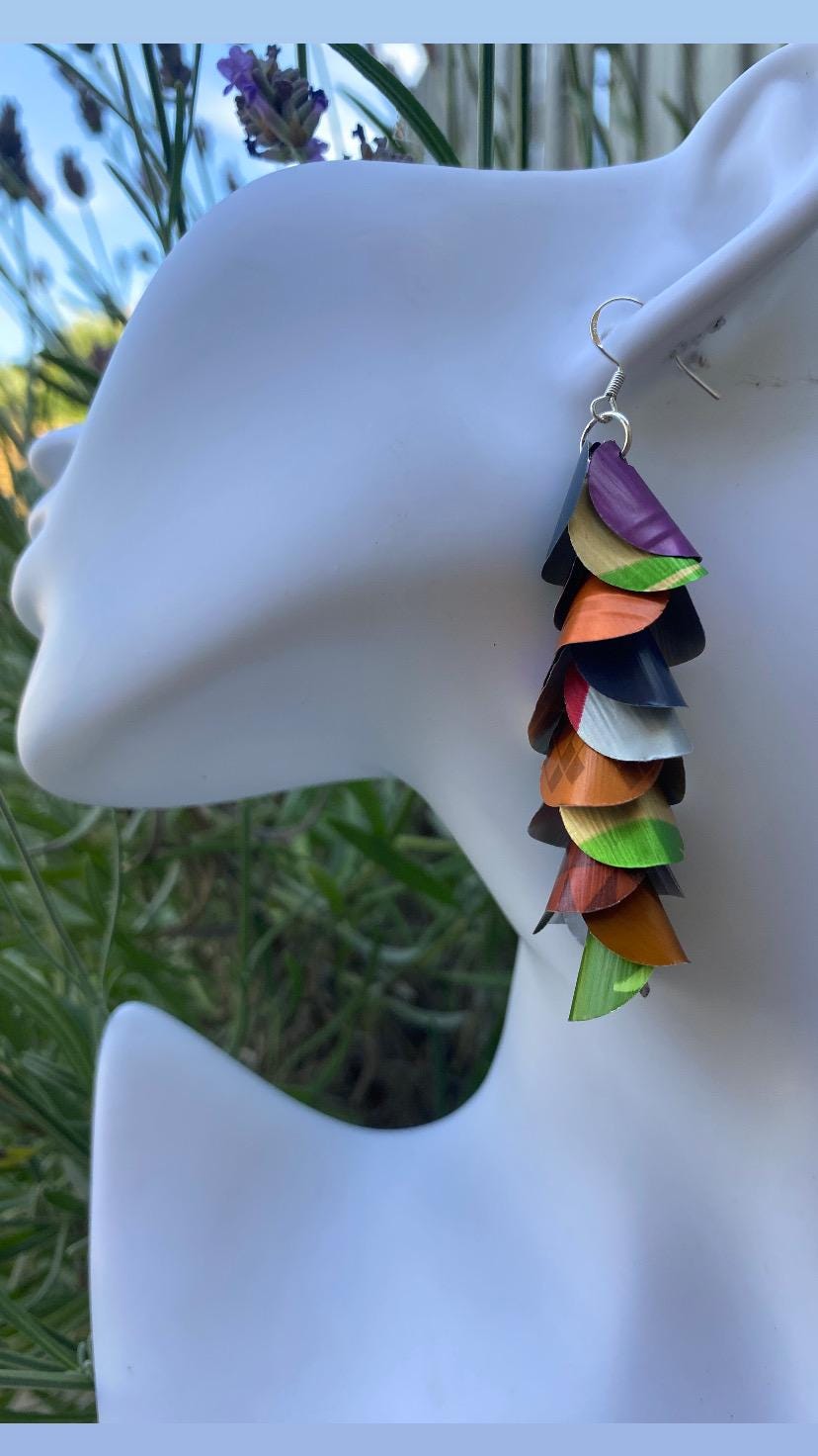 multicoloured, lightweight, summer earrings made from upcycled nespresso capsules on a white mannequin head