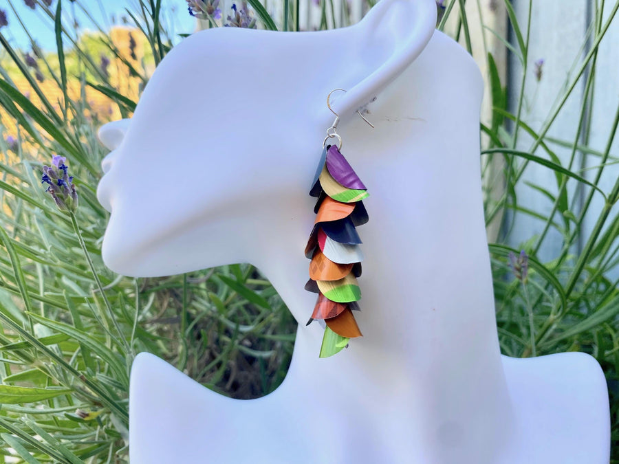 multicoloured, lightweight, summer earrings made from upcycled nespresso capsules on a white mannequin head