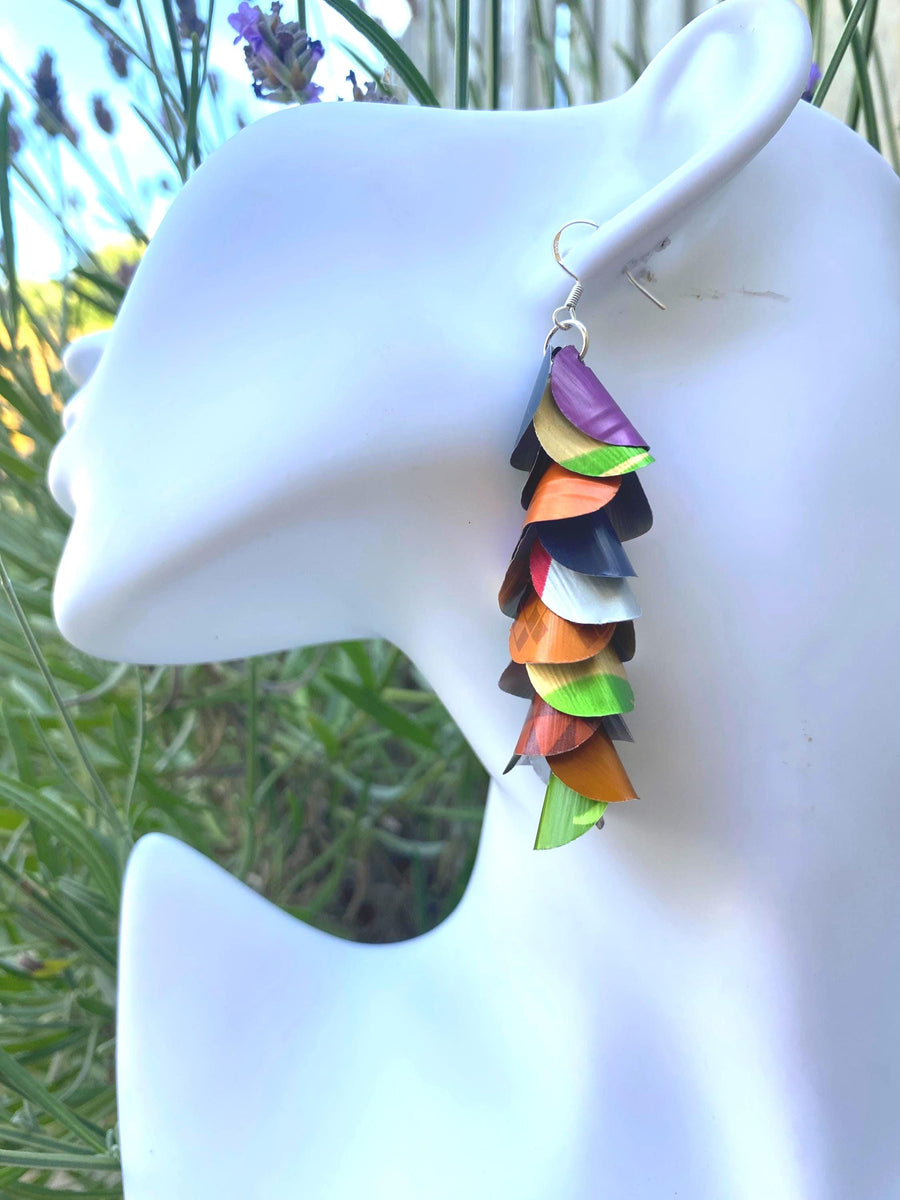 multicoloured, lightweight, summer earrings made from upcycled nespresso capsules on a white mannequin head
