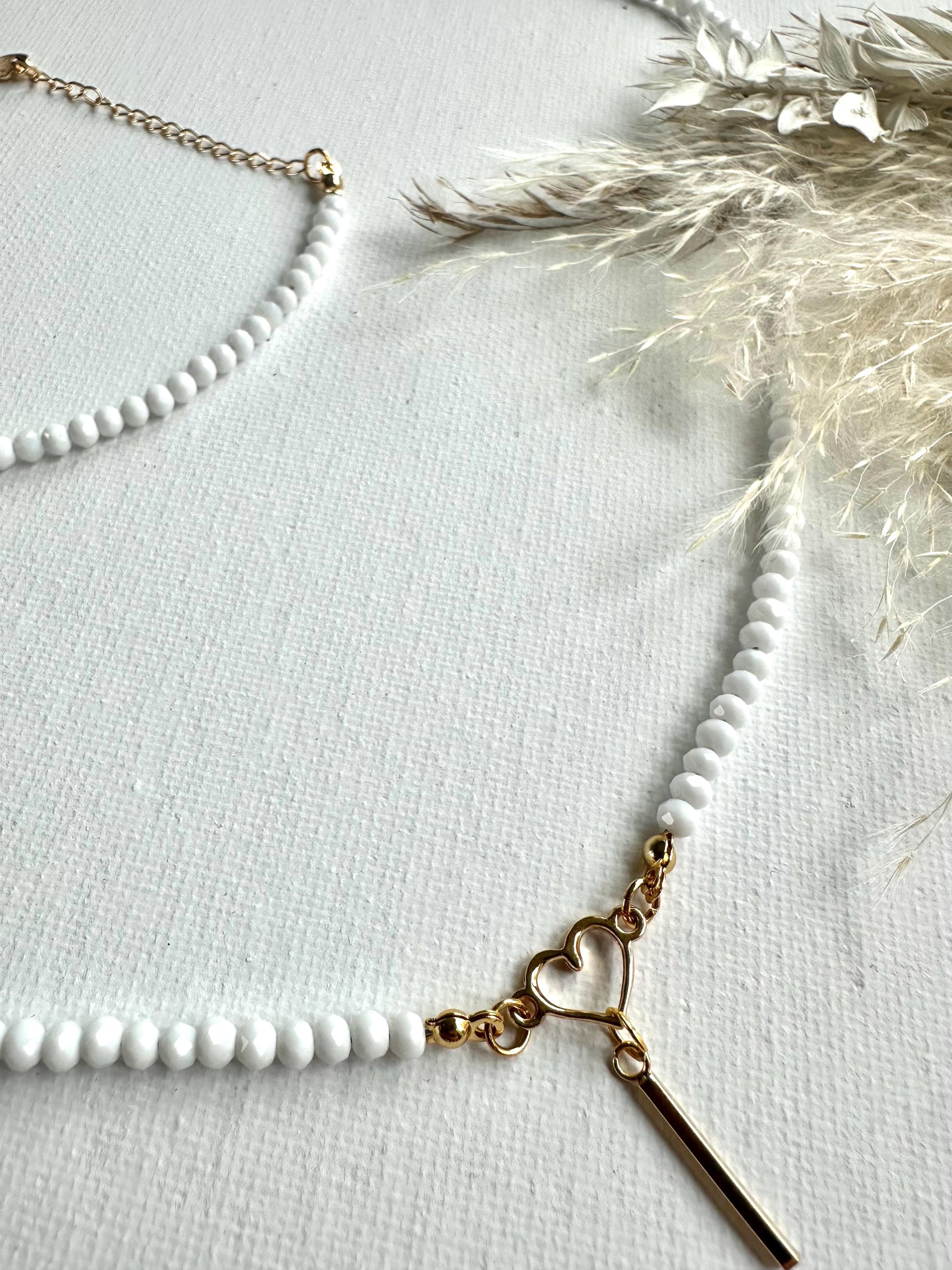 Choker with White Glass Beads, Golden Heart & Bar Pendant