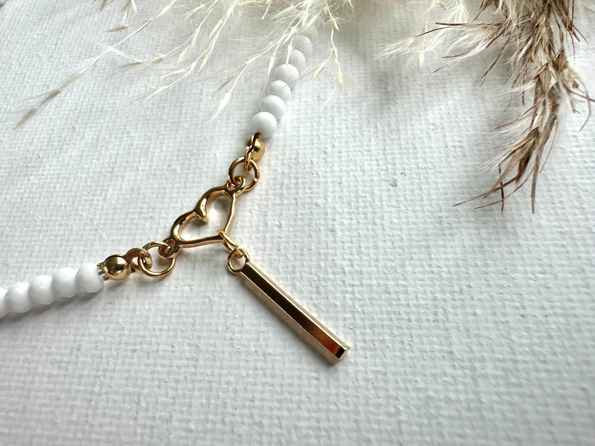 Choker with White Glass Beads, Golden Heart & Bar Pendant