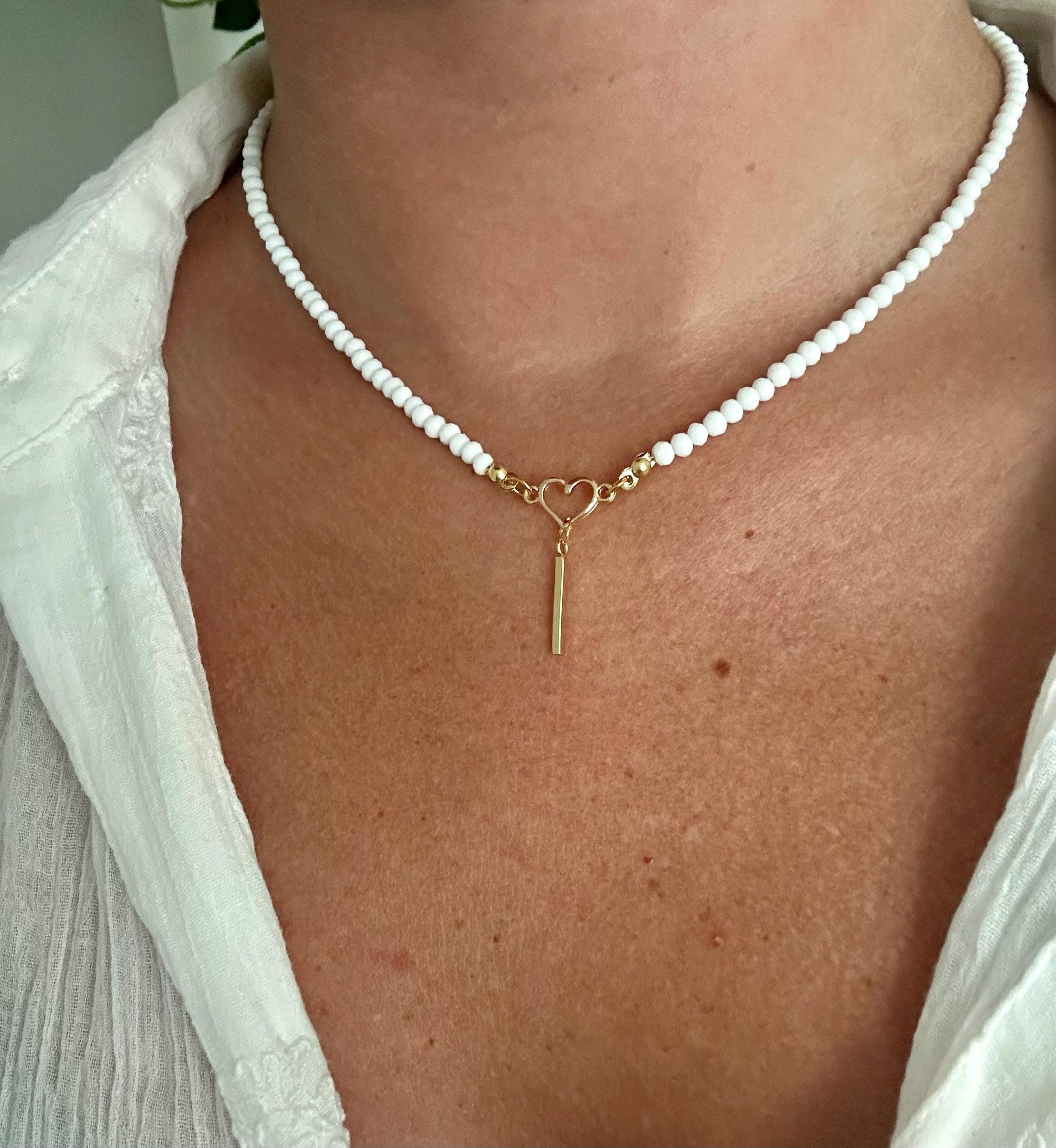 Choker with White Glass Beads, Golden Heart & Bar Pendant