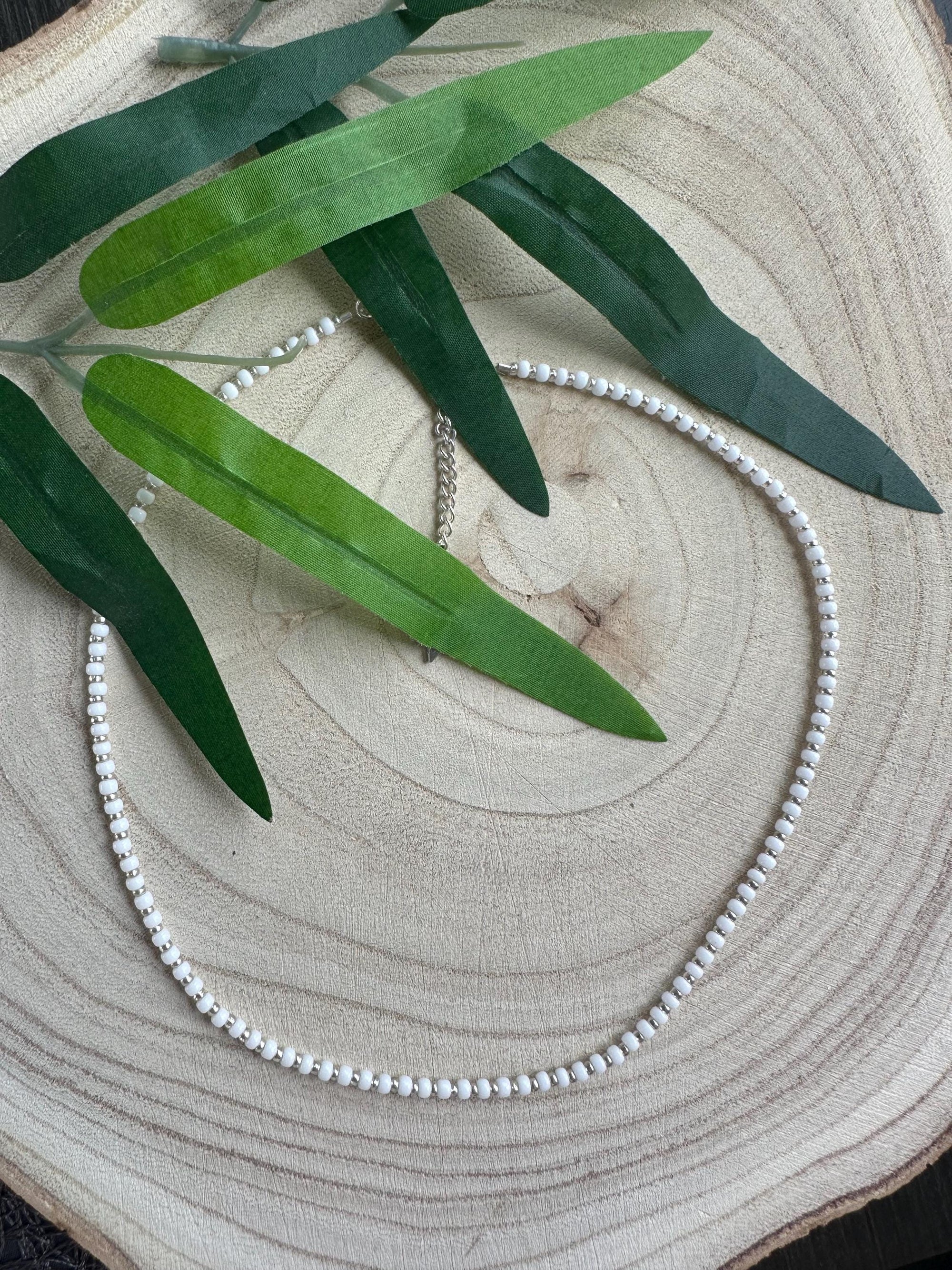 Choker with White & Silver Glass Bead - Elegant Minimalist Necklace