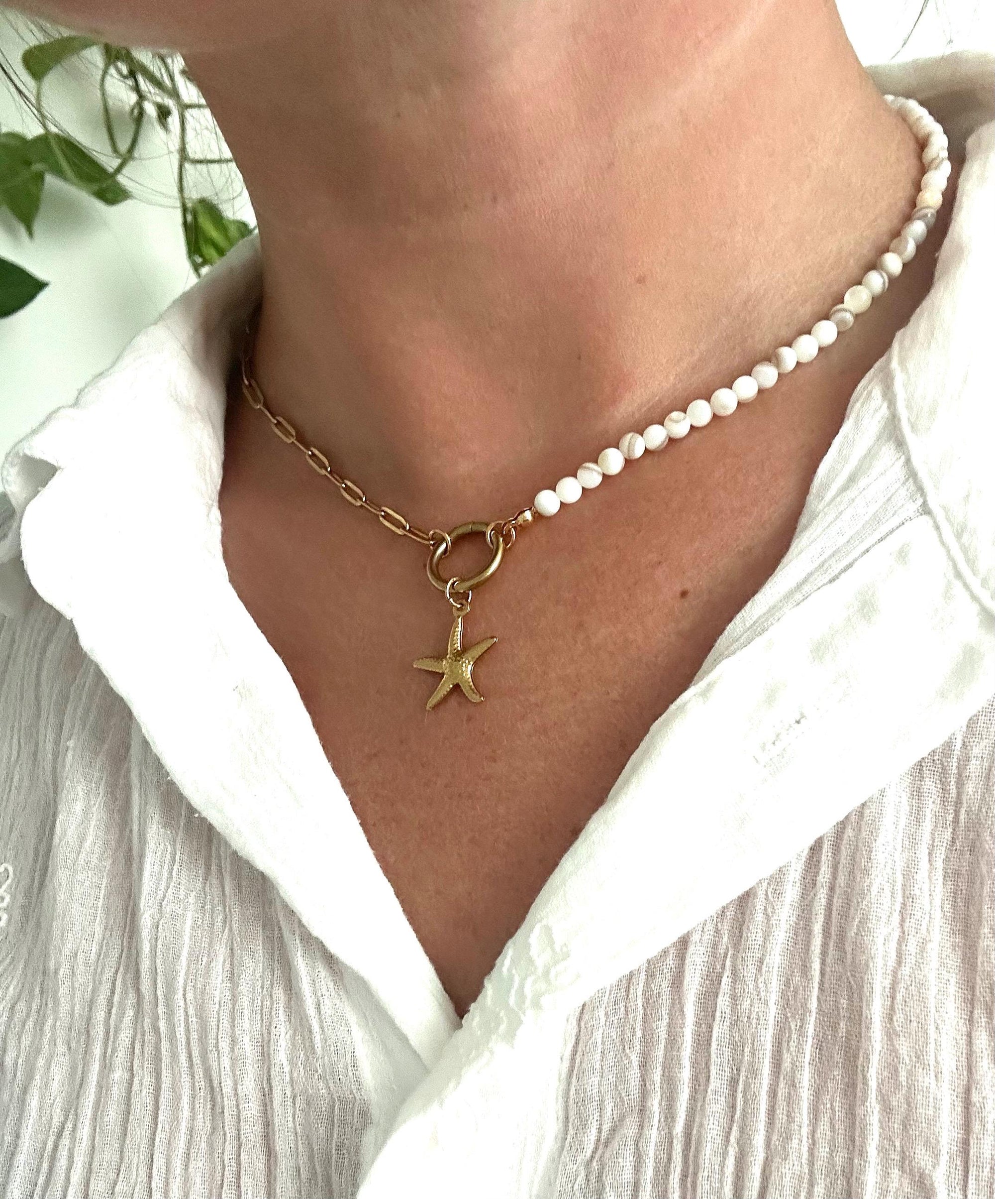 Paperclip Chain Choker with Gold Starfish Pendan and Shell Beads, Coastal Jewellery, Minimaliatic