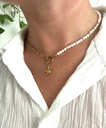 Paperclip Chain Choker with Gold Starfish Pendan and Shell Beads, Coastal Jewellery, Minimaliatic