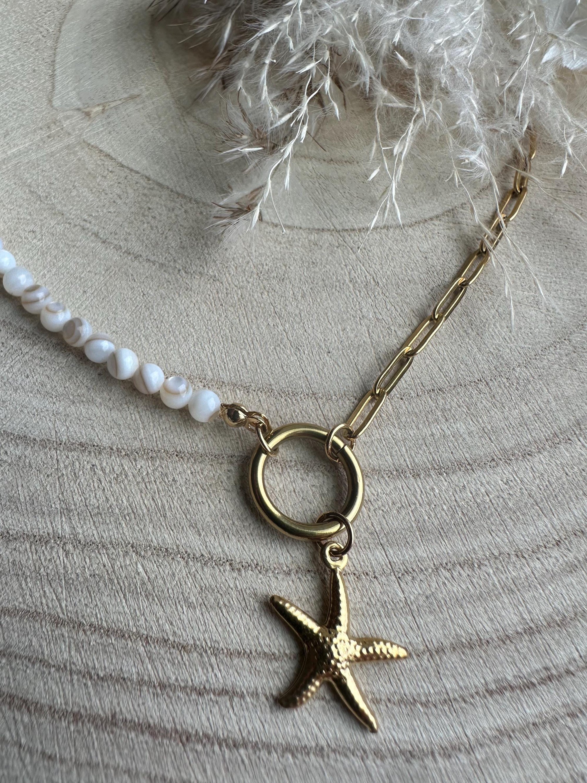Paperclip Chain Choker with Gold Starfish Pendan and Shell Beads, Coastal Jewellery, Minimaliatic