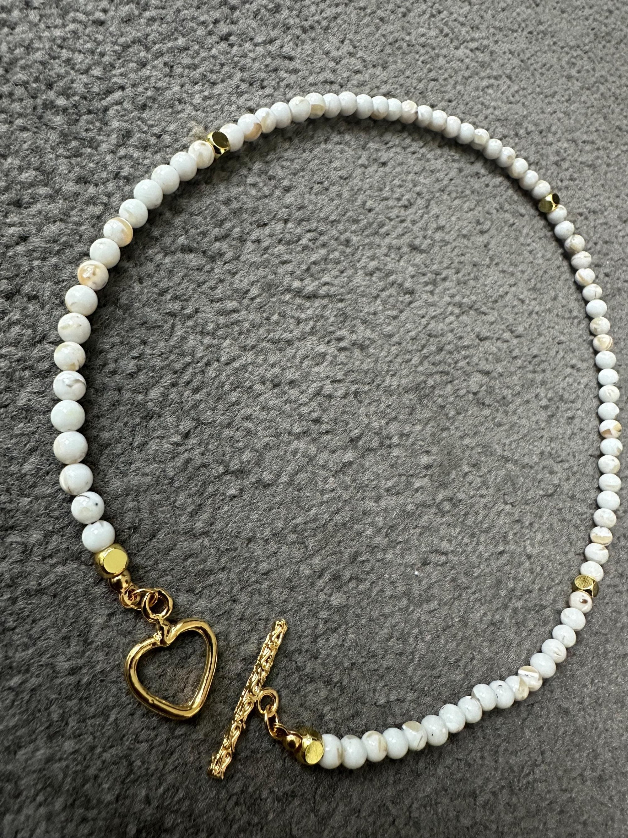 Toggle Clasp Choker with Shell Beads and Golden Heart, Elegant Summer Jewellery