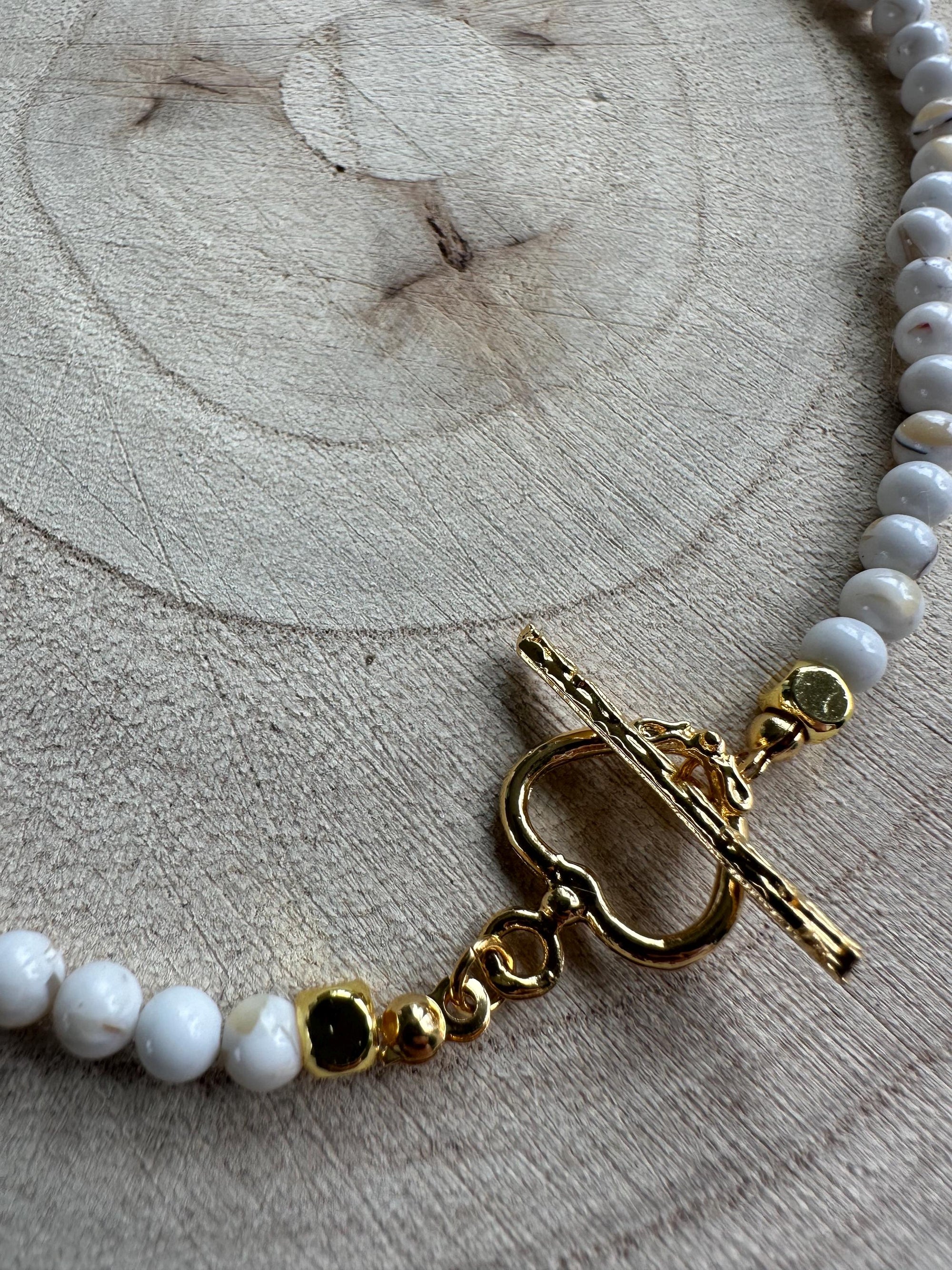 Toggle Clasp Choker with Shell Beads and Golden Heart, Elegant Summer Jewellery