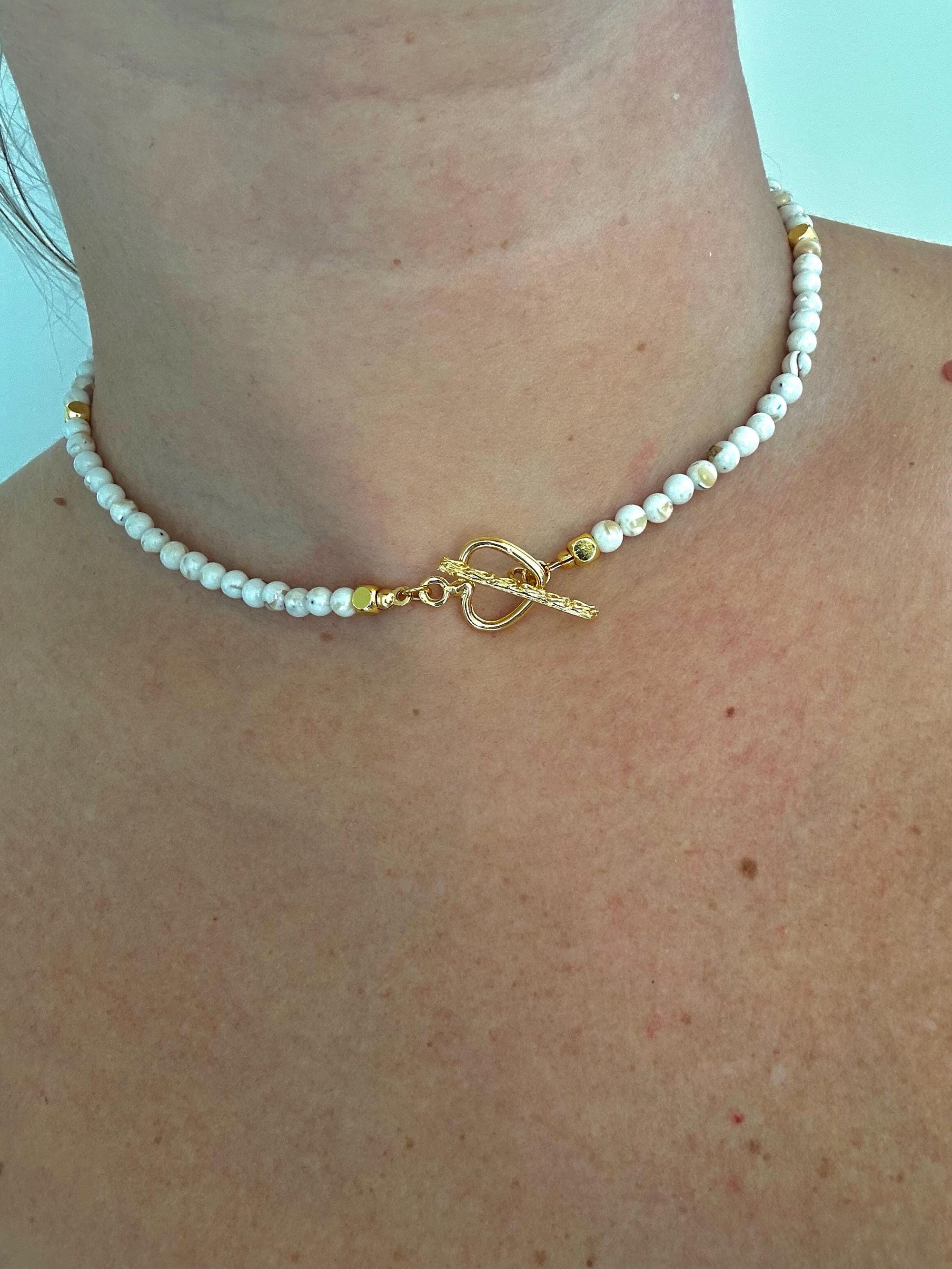 Toggle Clasp Choker with Shell Beads and Golden Heart, Elegant Summer Jewellery