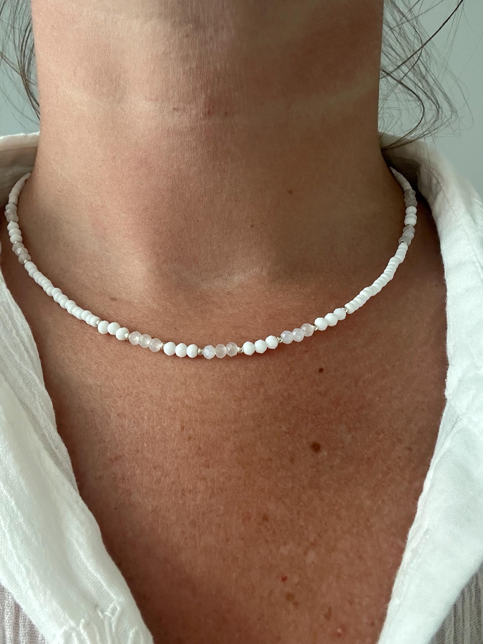 Choker with White Glass Beads Minimalist Boho Wedding Jewelry