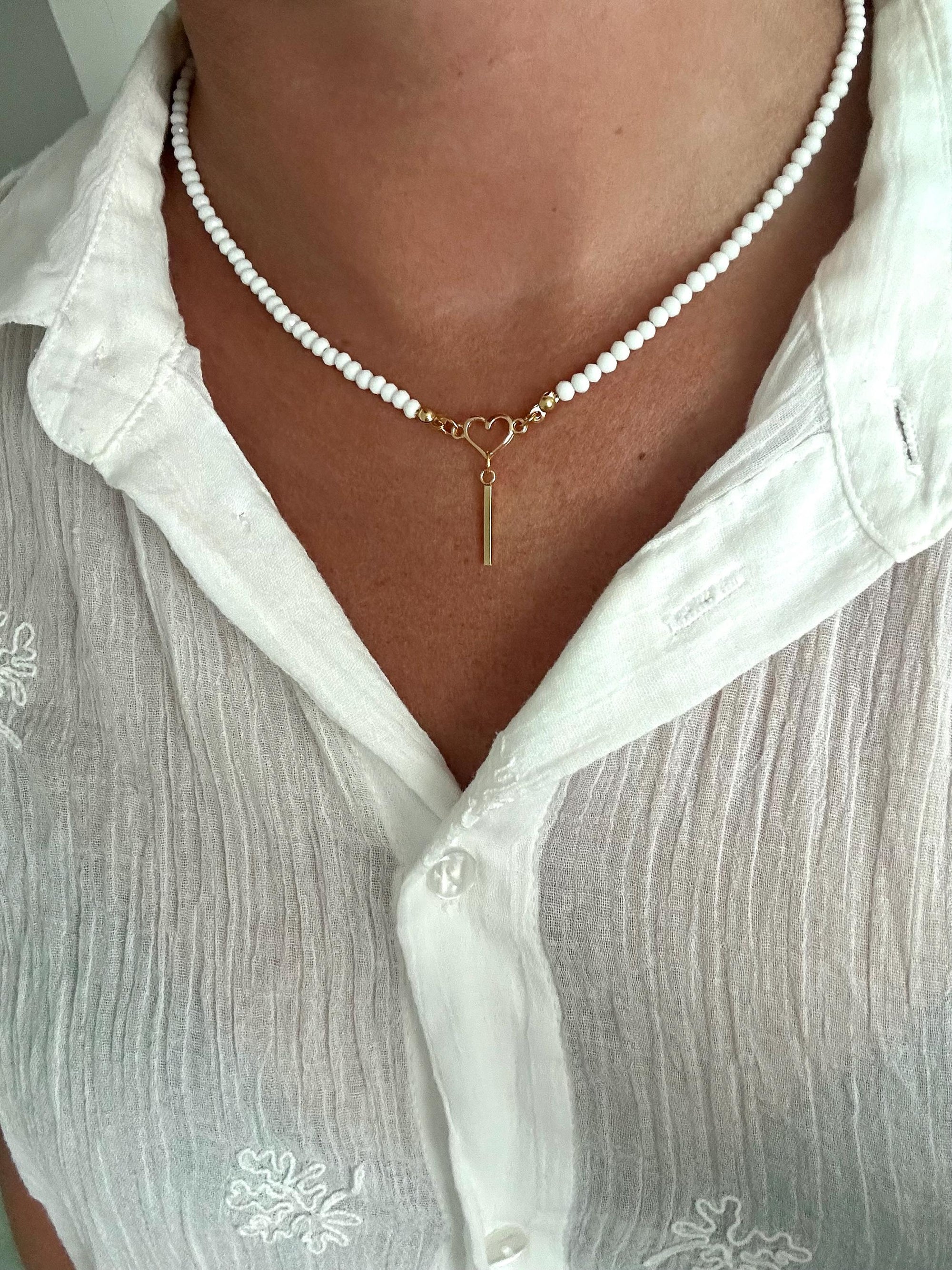 Choker with White Glass Beads, Golden Heart & Bar Pendant