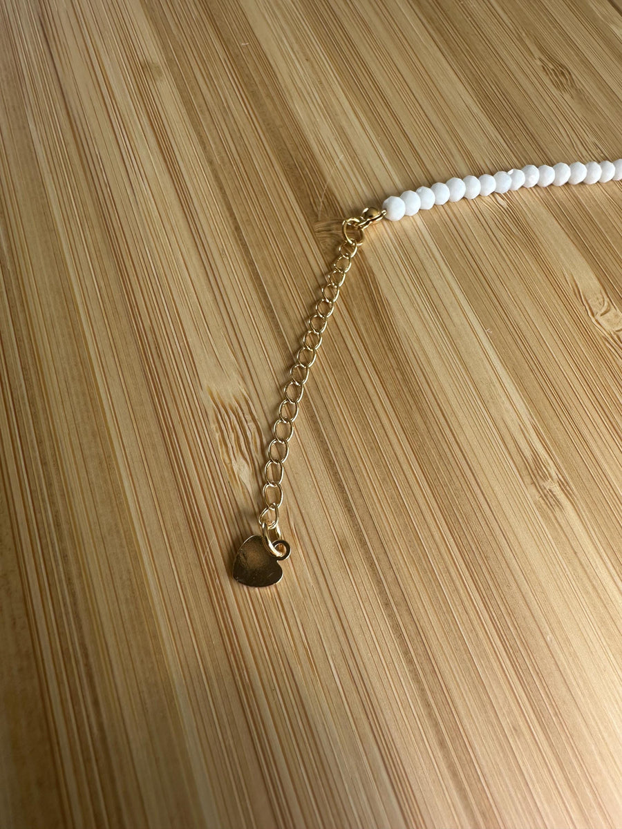 Choker with White Glass Beads, Golden Heart & Bar Pendant
