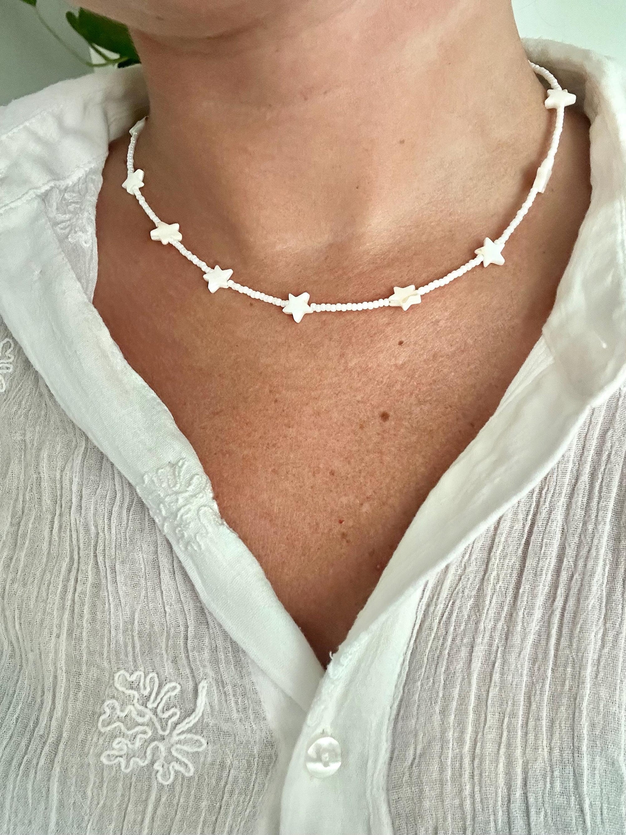 Mother of Pearls Stars and Beads Necklace Dainty Elegant Minimalistic Bridesmaids Boho Festival
