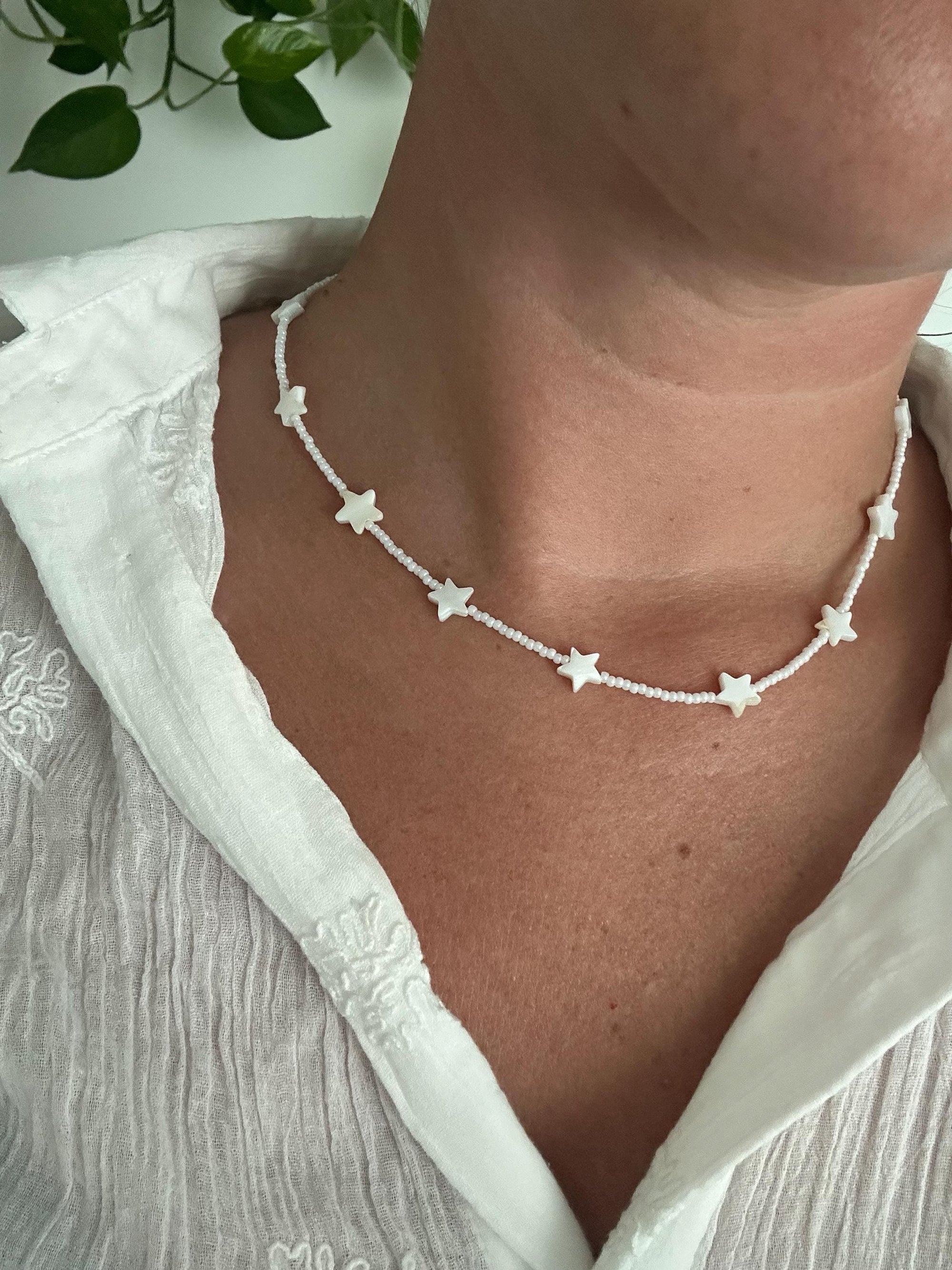 Mother of Pearls Stars and Beads Necklace Dainty Elegant Minimalistic Bridesmaids Boho Festival