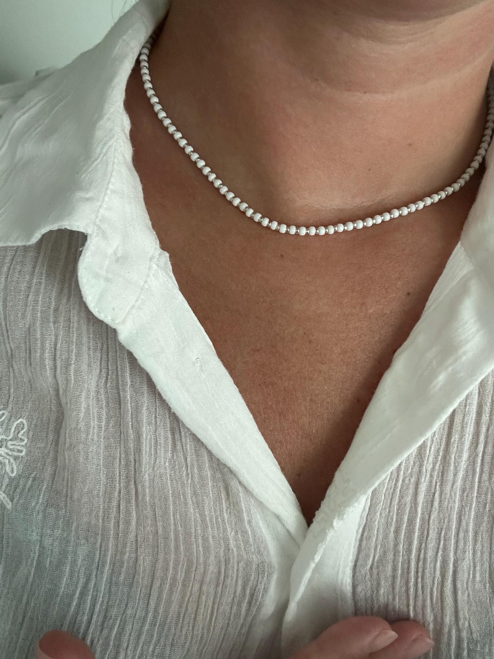 Choker with White & Silver Glass Bead - Elegant Minimalist Necklace