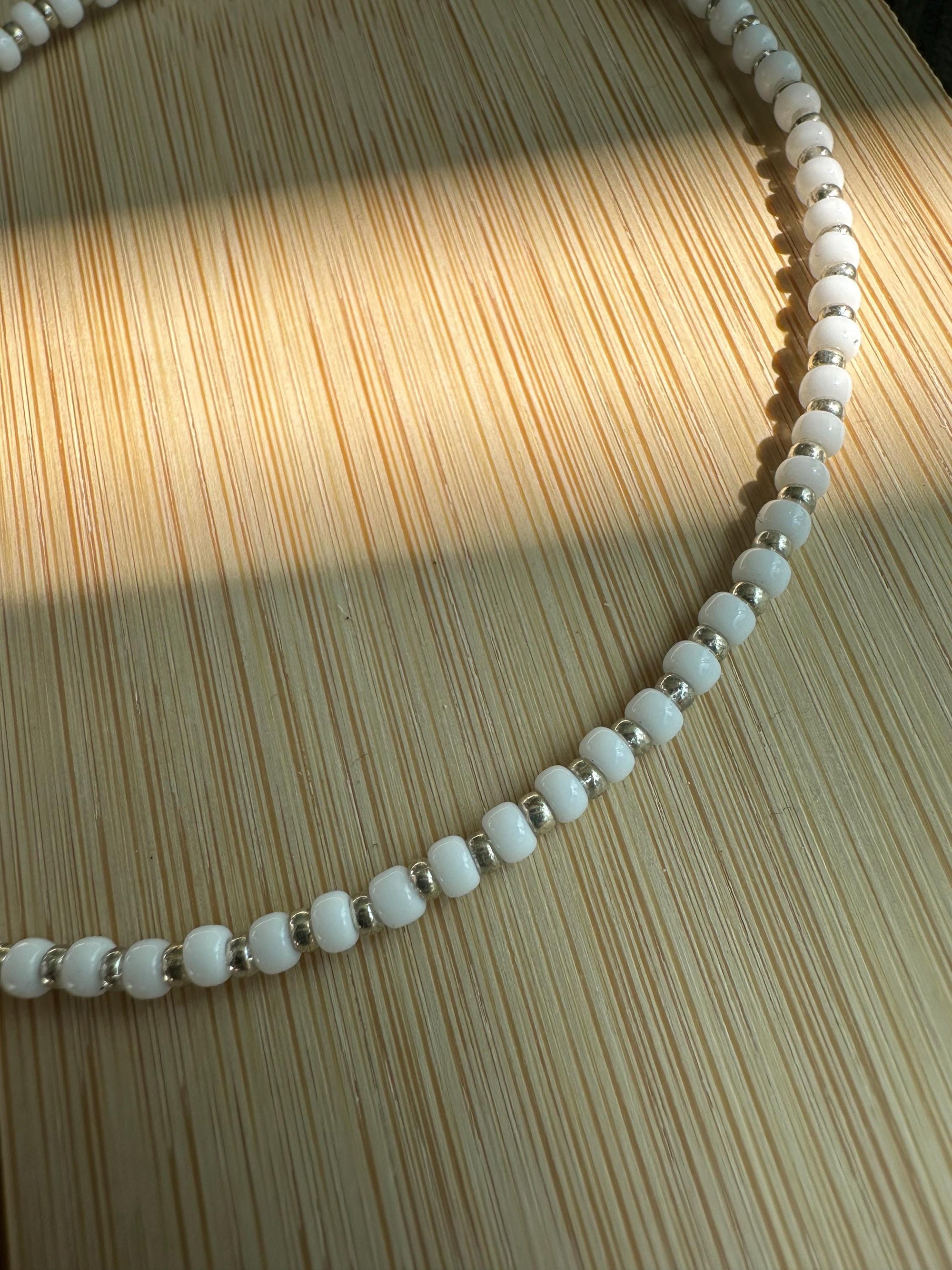 Choker with White & Silver Glass Bead - Elegant Minimalist Necklace
