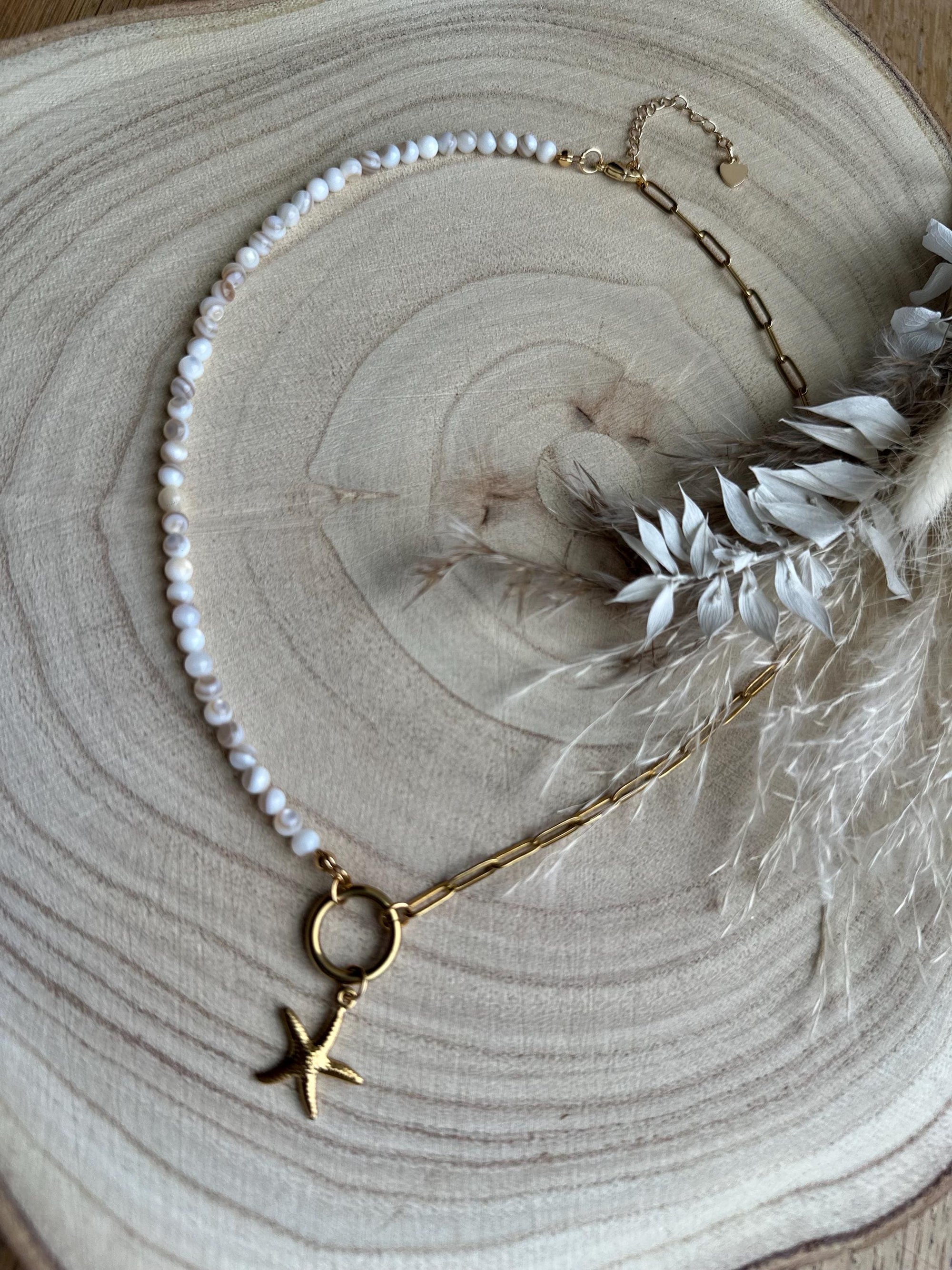 Paperclip Chain Choker with Gold Starfish Pendan and Shell Beads, Coastal Jewellery, Minimaliatic